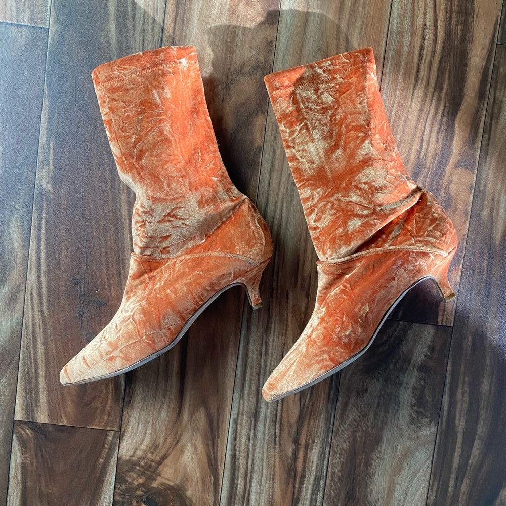 TIBI orange crushed velvet bootie -Size US8.5/eu39
